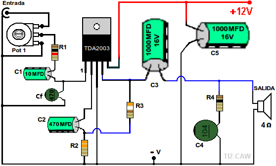 Esquema de montaje amplificador con TDA 2003